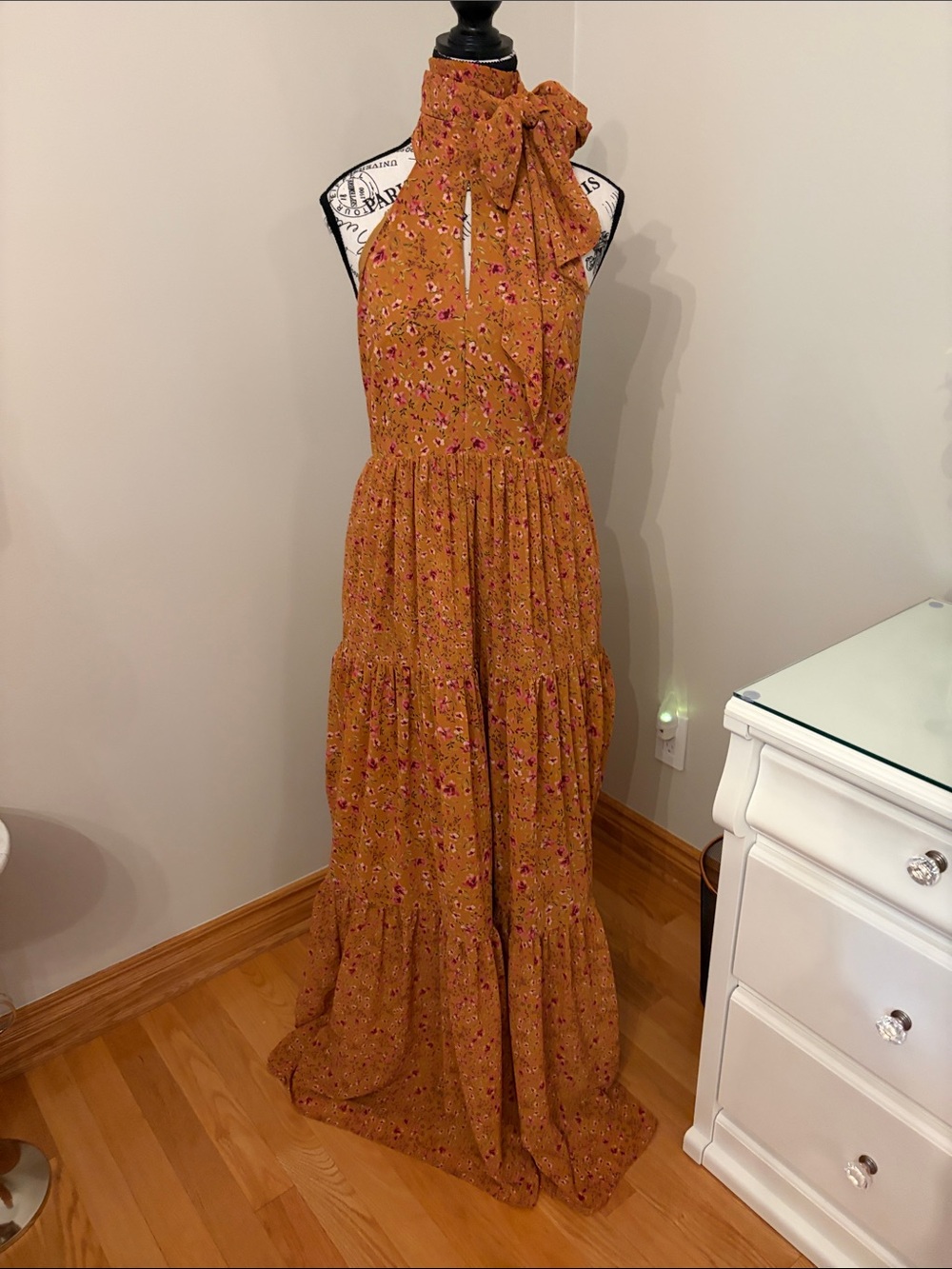 Tularosa Mustard Floral Halter Maxi Dress with Neck Tie